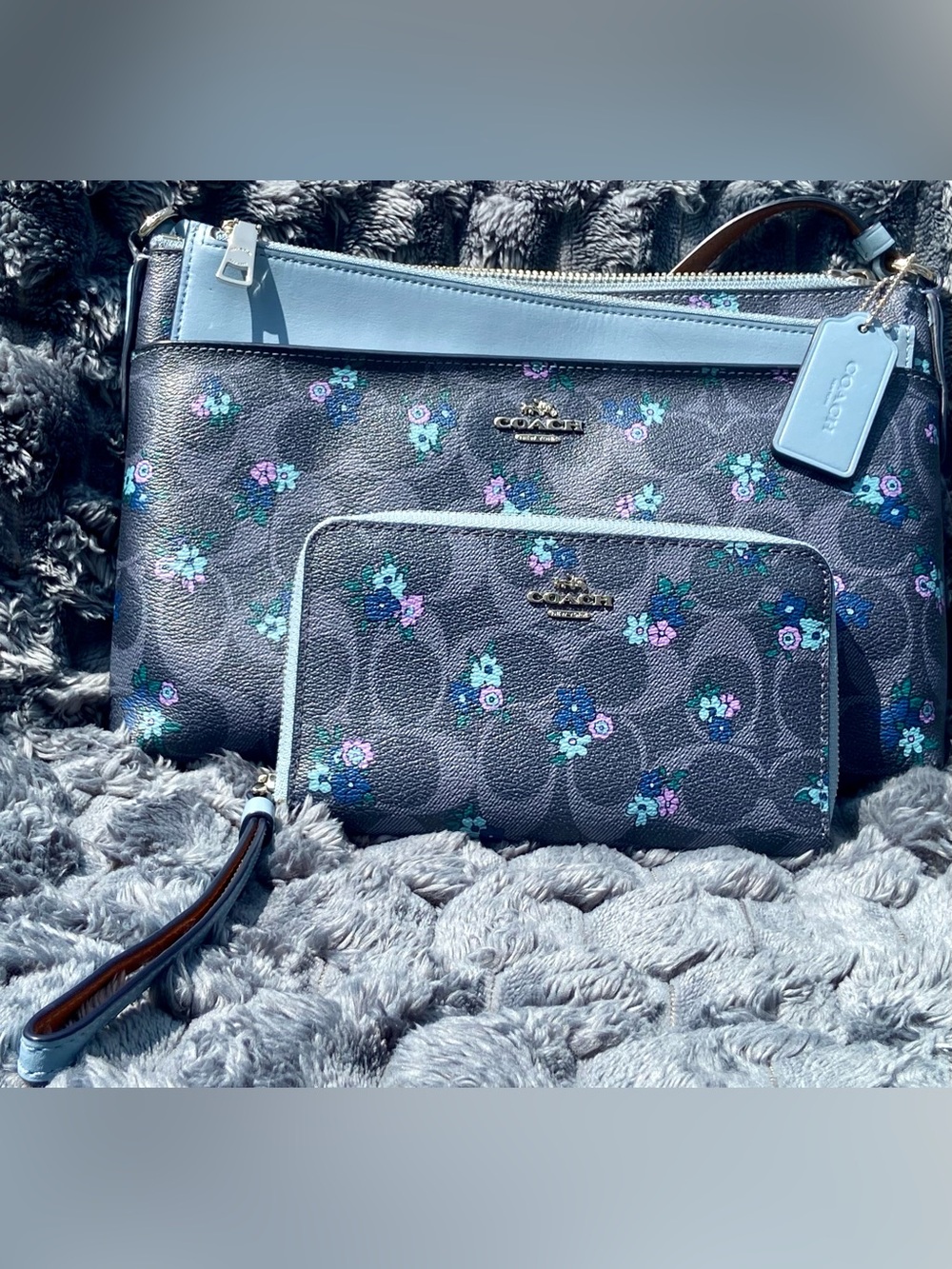 Coach F59841 East West Crossbody + Pop Up Pouch Signature Ranch Floral Blue
